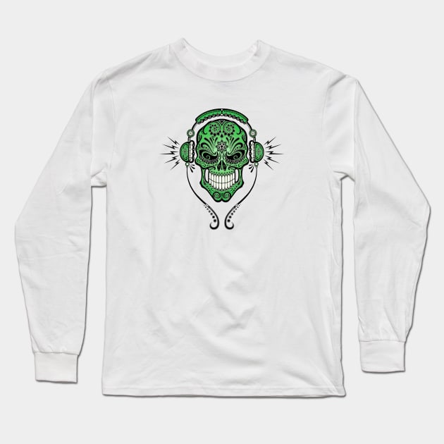 Green DJ Sugar Skull Long Sleeve T-Shirt by jeffbartels